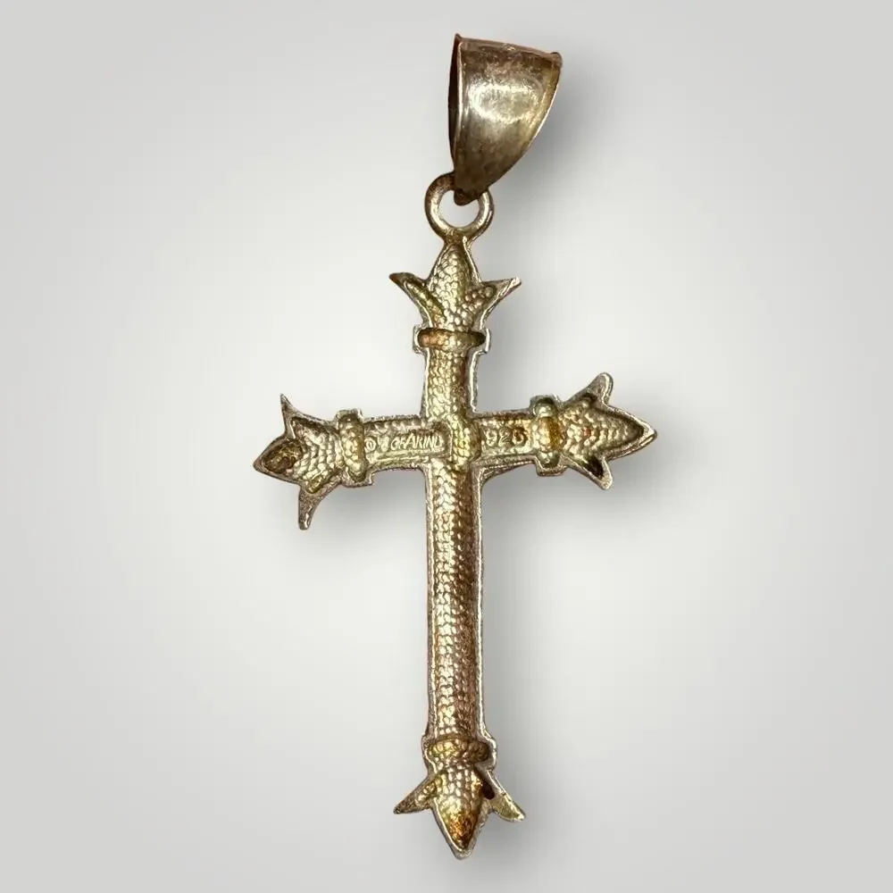Vintage 925 Sterling Silver Crucifix Cross Pendant Fleur De Lis